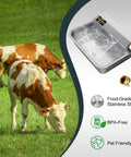 Hassle Free One Gallon Automatic Dog Water Dispenser Stainless Steel Self Filling Bowl shown with grazing cattle in a backyard.
