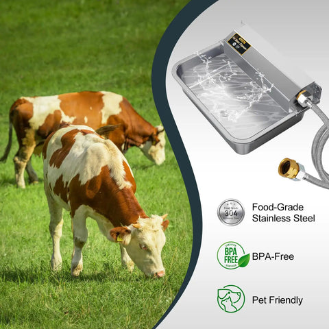 Hassle Free One Gallon Automatic Dog Water Dispenser Stainless Steel Self Filling Bowl shown with grazing cattle in a backyard.