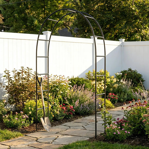 Iron Pergola Garden Arbor For Weddings And Backyards, 7.9 feet high black metal arch in garden setting among flowers
