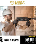 Side view of a worker using a 1 3/4 in SDS-Plus carbide-tipped rotary hammer core bit to drill into brick