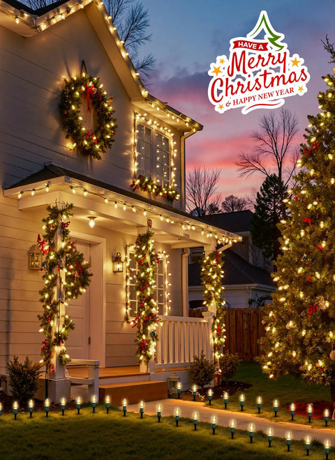 House adorned with Outdoor Christmas Pathway Lights 26 Ft Connectable C9 LED String Lights Waterproof With 20 LEDs And Stakes For Walkway Driveway Warm White Weatherproof Outdoor Decor For Front Porch Walkways And Garden Paths