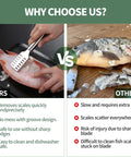 Comparison of using Four Piece Stainless Steel Fish Scaler Set With Serrated Blade Design vs traditional method for descaling fish.