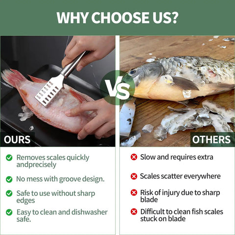 Comparison of using Four Piece Stainless Steel Fish Scaler Set With Serrated Blade Design vs traditional method for descaling fish.