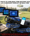 Golf cart dashboard with LCD touch screen and mobile app displaying Beefed Up 48V LiFePO4 Golf Cart Battery Kit status in real-time.