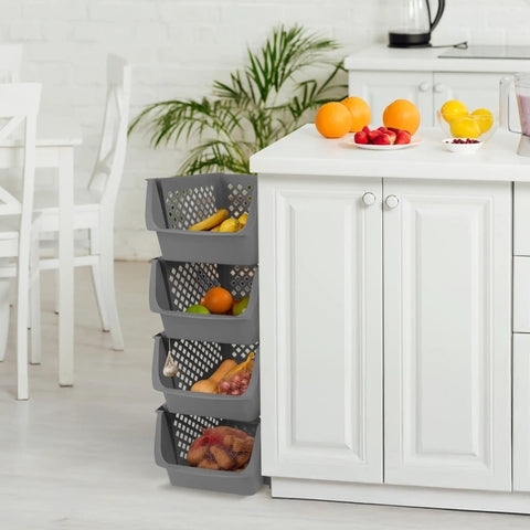 Four stackable gray storage bins next to a kitchen island with fruits, featuring Stackable Plastic Storage Bins 4 Piece Gray Set For Home