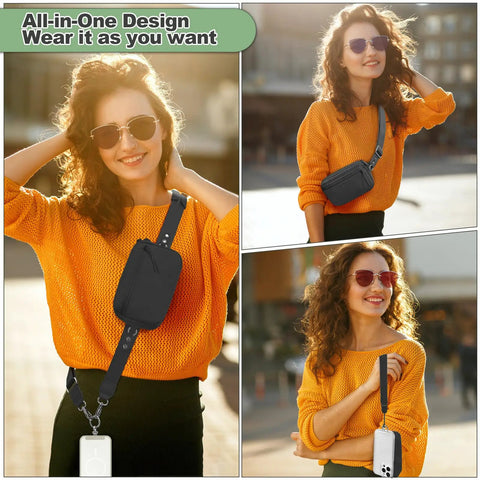 Woman wearing Clip And Go Phone Strap With Wallet Crossbody, Detachable RFID Wristlet, Universal 360 Rotatable Phone Tabs in black