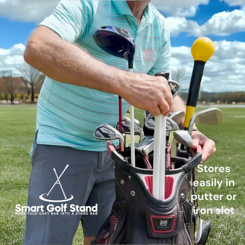 Man inserting cart bag to stand conversion kit with lightweight 8oz aluminum attachment into golf bag on course