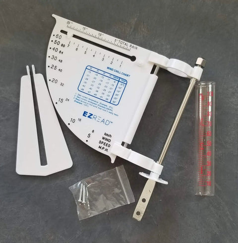 All In One Outdoor Weather Station With Rain Gauge, Wind Speed And Direction, Thermometer And Mounting Kit, components displayed