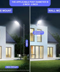 800W Solar Lights For Outside With 100000LM Dusk To Dawn Solar Street Light Motion Sensor 7500K on pole and wall mount house setup