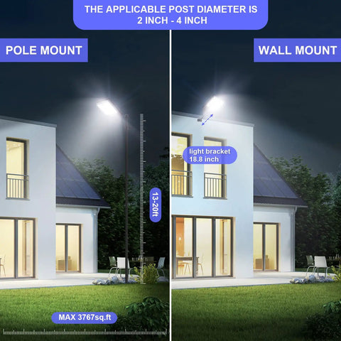 800W Solar Lights For Outside With 100000LM Dusk To Dawn Solar Street Light Motion Sensor 7500K on pole and wall mount house setup