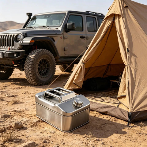 Heavy Duty 304 Stainless Steel Water Storage Canister 10 Liter Liquid Container next to a tent in a desert setting