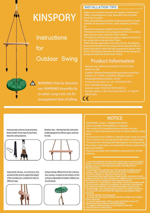 Assembly instructions for Disc Swing For Kids With 7 Ft Adjustable Height, Monkey Bars, Hanging Tree Seat, Backyard Outdoor Play Set In Green