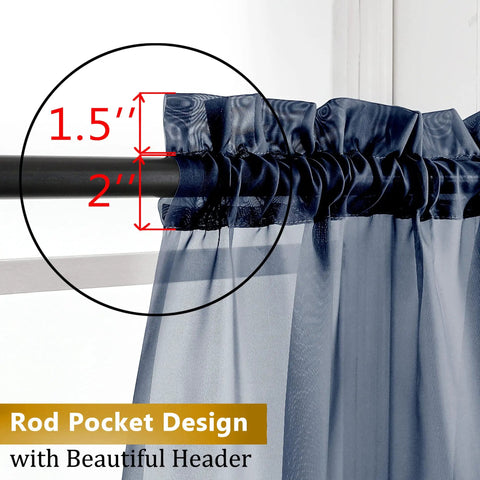 Rod pocket design detail of Pure Sheer Window Curtains 72 Inch Long 2 Panels Navy Blue Voile Drapes For Bedroom And Living Room