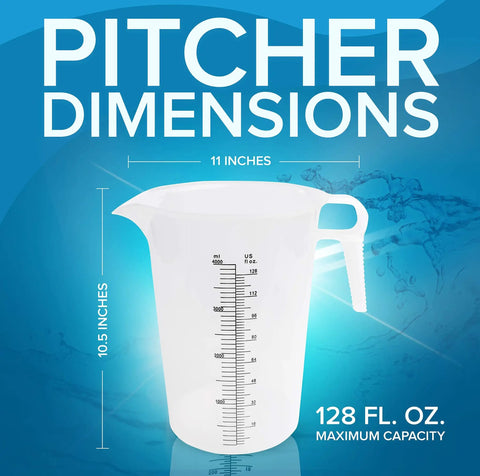 Image showing the Eight Ounce Plastic Measuring Pitcher Built To Last Multipurpose For Chemicals Oil Pool And Lawn With Ounce And Milliliter Increments Durable Food Grade Polypropylene Chemical Resistant Cup Measure, highlighting dimensions and capacity.