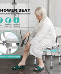 Person using 360 Degree Swivel Shower Chair With Armrests And Backrest, Portable Bath Seat For Tub, Adjustable Height, No Slip Legs.