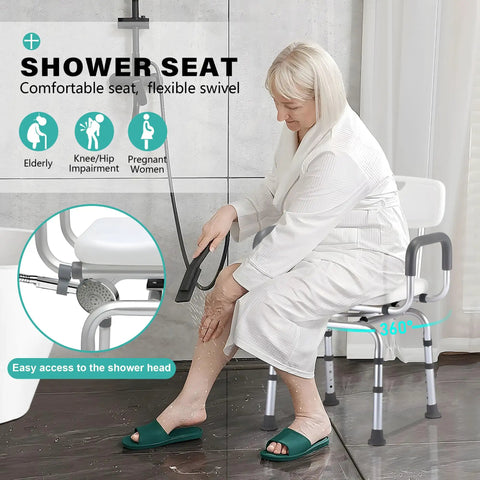 Person using 360 Degree Swivel Shower Chair With Armrests And Backrest, Portable Bath Seat For Tub, Adjustable Height, No Slip Legs.
