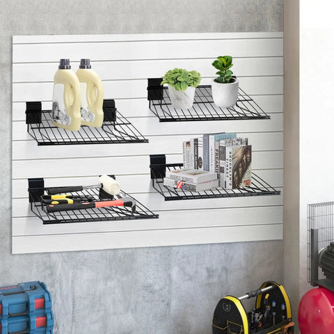 Heavy Duty Slatwall Shelves 16 Inch Wide Wire Shelf Organizer For Garage Workshop Kitchen And Office Slatwall Accessories Durable Powder Coated Finish 2 Pack installed with items