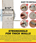 One Quarter Inch Twenty Toggle Anchors With Bolts For Hollow Walls Heavy Duty Winged Anchors Adjustable Up To Two And A Half Inches Thick Holds Up To 1080 Lbs Includes Heavy Duty Drill Bit Pack Of 12, showing a side view installation diagram with toggle in drywall, adjustable up to 2-1/2 inches thick.