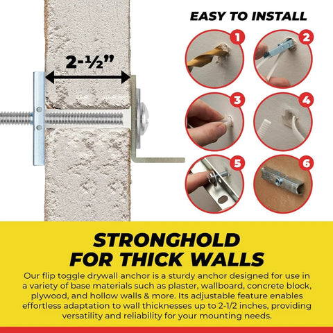 One Quarter Inch Twenty Toggle Anchors With Bolts For Hollow Walls Heavy Duty Winged Anchors Adjustable Up To Two And A Half Inches Thick Holds Up To 1080 Lbs Includes Heavy Duty Drill Bit Pack Of 12, showing a side view installation diagram with toggle in drywall, adjustable up to 2-1/2 inches thick.