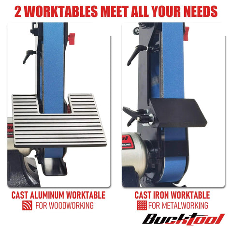 Combo 2x42 Inch Belt Sander and 6 Inch Bench Grinder Knife Sharpener With Large Work Table Upgraded BG2600 showing worktables.