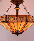 Tiffany Style Yellow Hexagon Stained Glass Ceiling Light Fixture That Pops, Mission Semi-Flush Mount Lamp, Antique Green Bronze Base