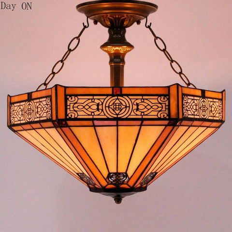 Tiffany Style Yellow Hexagon Stained Glass Ceiling Light Fixture That Pops, Mission Semi-Flush Mount Lamp, Antique Green Bronze Base