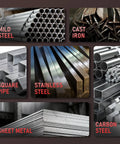 Various types of metal materials including mild steel, cast iron, square pipe, stainless steel, sheet metal, and carbon steel