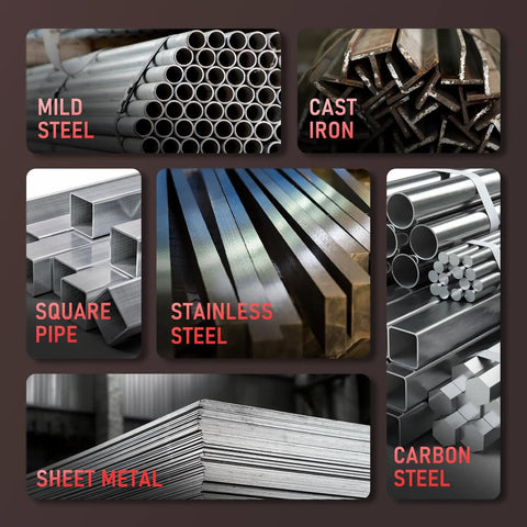 Various types of metal materials including mild steel, cast iron, square pipe, stainless steel, sheet metal, and carbon steel