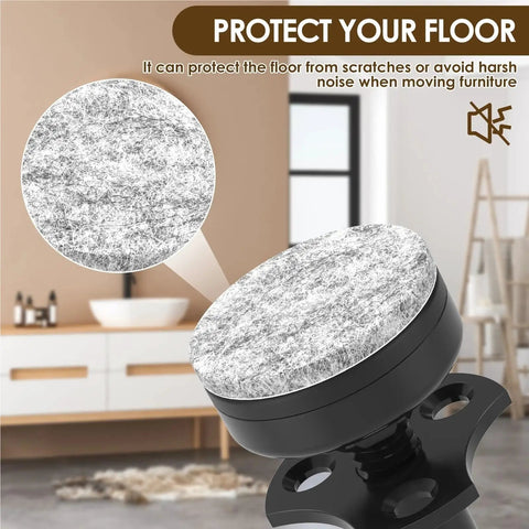 Adjustable Furniture Leg Levelers Set 12 Pieces with felt pads for floor protection, close-up of galvanized metal frame and threaded feet.