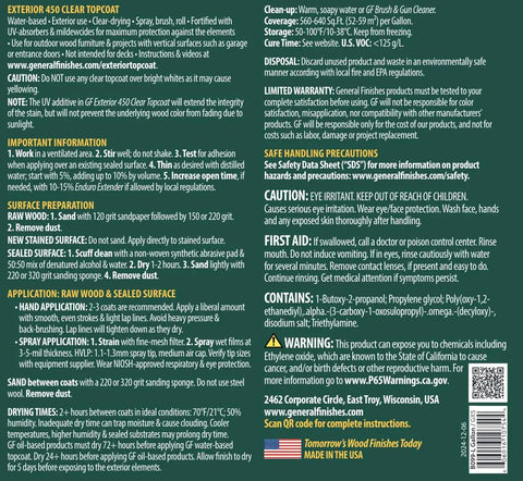 Label of Exterior 450 Water Based Topcoat Satin Finish, 1 Gallon, UV Absorber Enhanced, includes instructions and safety info