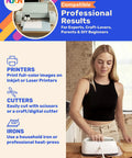 Woman using iron with DIY T Shirt Transfer Paper Combo For Light And Dark Fabrics 8 By 11 Inches 50 Sheets Total 25 Light 25 Dark