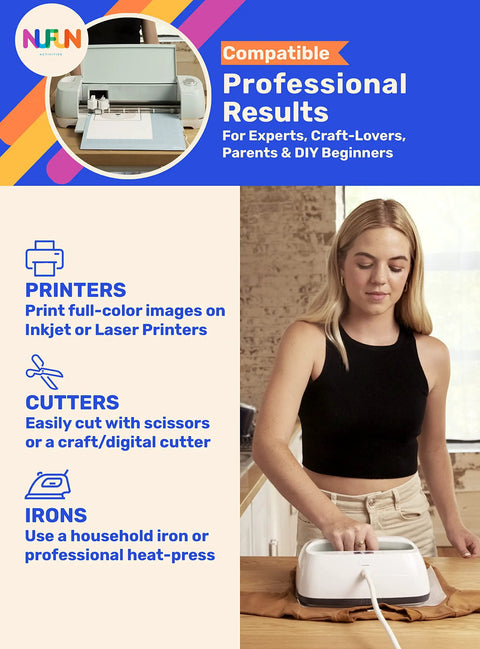 Woman using iron with DIY T Shirt Transfer Paper Combo For Light And Dark Fabrics 8 By 11 Inches 50 Sheets Total 25 Light 25 Dark