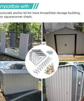 Concrete Shed Anchor Kit For Sheds And Garages With Four Steel Corner Gussets Hold Down Clips Bolts And Screws Rust Resistant Galvanized Steel For Concrete Floors Compatible With Square Corner Sheds And Most Storage Barns shown with sheds.
