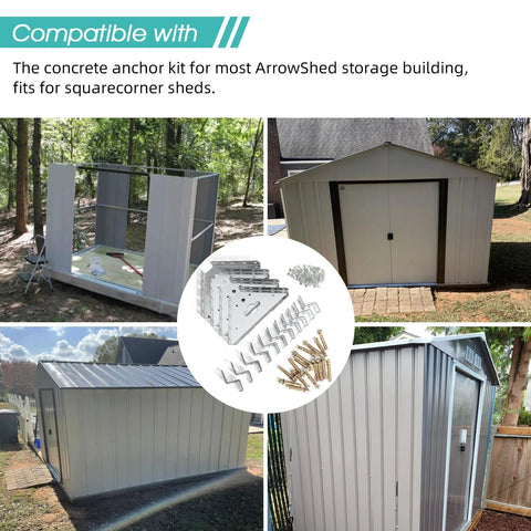 Concrete Shed Anchor Kit For Sheds And Garages With Four Steel Corner Gussets Hold Down Clips Bolts And Screws Rust Resistant Galvanized Steel For Concrete Floors Compatible With Square Corner Sheds And Most Storage Barns shown with sheds.