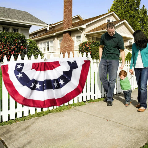 5 Pack 3 By 6 Feet 250th Anniversary American Flags Bunting Patriotic Stars And Stripes Pleated Fan USA Flag Banners on white fence