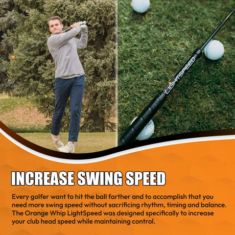 Golfer using Lightspeed Golf Swing Speed Trainer 45 Inch Aid Patented USA Made Lightweight Practice Stick on grass