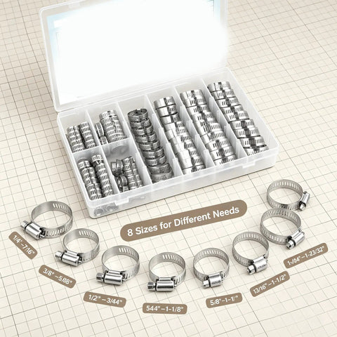 20 Piece Heavy Duty Hose Clamp Kit Set With Precise 1 4 To 7 16 Inch Sizing Crafted From Premium 304 Stainless Steel For Tough Plumbing Car Tuning And Fuel Line Repairs That Gotta Get The Job Done Right. 20-piece 304 stainless steel hose clamp kit in organizer box, 8 sizes