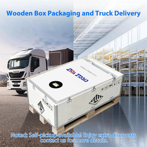 Wooden box packaging of 48V 300Ah LiFePO4 Lithium Battery 16kWh for truck delivery in a warehouse setting.