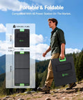 Man carrying 100W Portable Grab-And-Go Solar Panel with Adjustable Kickstand and IP65 Waterproof Case for outdoor use.