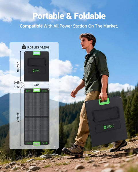 Man carrying 100W Portable Grab-And-Go Solar Panel with Adjustable Kickstand and IP65 Waterproof Case for outdoor use.