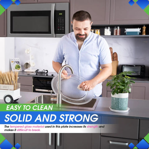 Man holding 16 Inch Microwave Turntable Plate Replacement Fits WB49X10166 Glass Plate for Even Reheating and Cooking