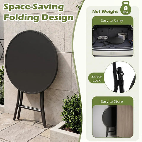 Compact Outdoor Folding Side Table With Tempered Glass Top And Heavy Duty Steel Frame For Backyard Hangouts shown folded against a wall.