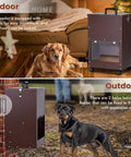 Rock Solid Gravity Dog Food Dispenser For Large Breed Pups 45 Lb Capacity showing indoor and outdoor use with large dogs.