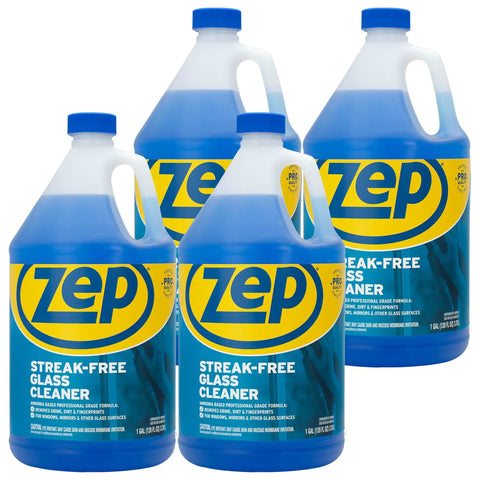 Four bottles of Zep Streak Free Glass Cleaner That Delivers Spotless Windows And Mirrors Fast With An Ammonia Based Professional Grade Formula