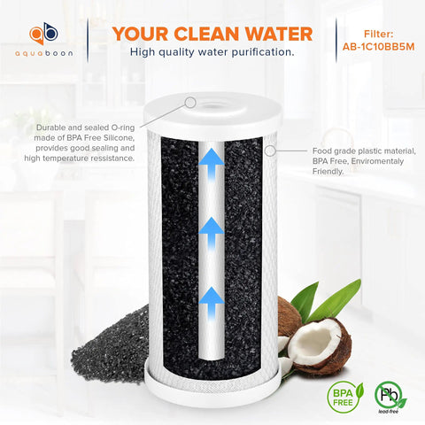 Illustration of 5 Micron 10x4.5 Carbon Block Whole House Water Filter Cartridge Replacement For CTO Filtration with coconut shell