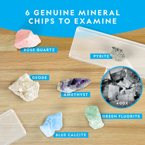 Close-up of rocks and minerals with slides, part of Beginner Kid Microscope Kit With 400x Zoom Cool Easy To Use Design Dual Lighting.