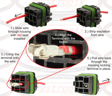 Installation steps for Weatherproof Automotive Relay Kit With 50 Amp Normally Open And 30 Amp Normally Closed Relays showing terminals and housing.