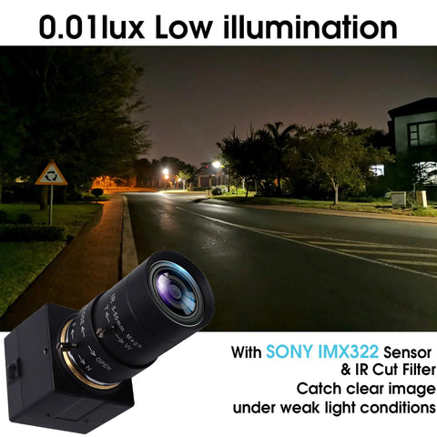 Crystal Clear 1080P USB Web Camera With 5-50mm Varifocal Telephoto Zoom Lens, manual focus, shown in low light setting