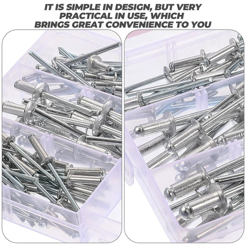 Close-up of Aluminum Blind Rivets With Flange Pop Rivets Kit, 140 Piece Self Plugging Rivet Assortment in box compartments