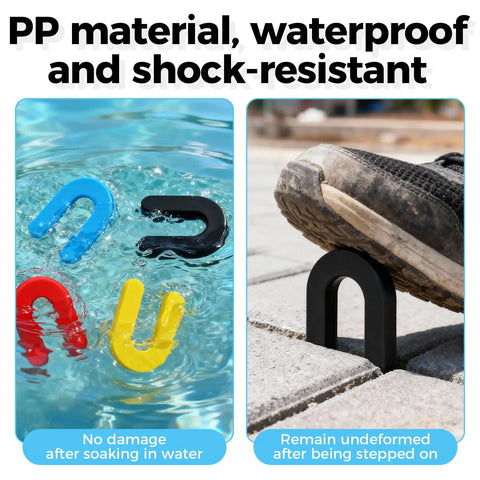 Ultra Handy Plastic Shims Kit For Leveling Tiles And Surfaces Color Coded Horseshoe And U Shims floating in water.
